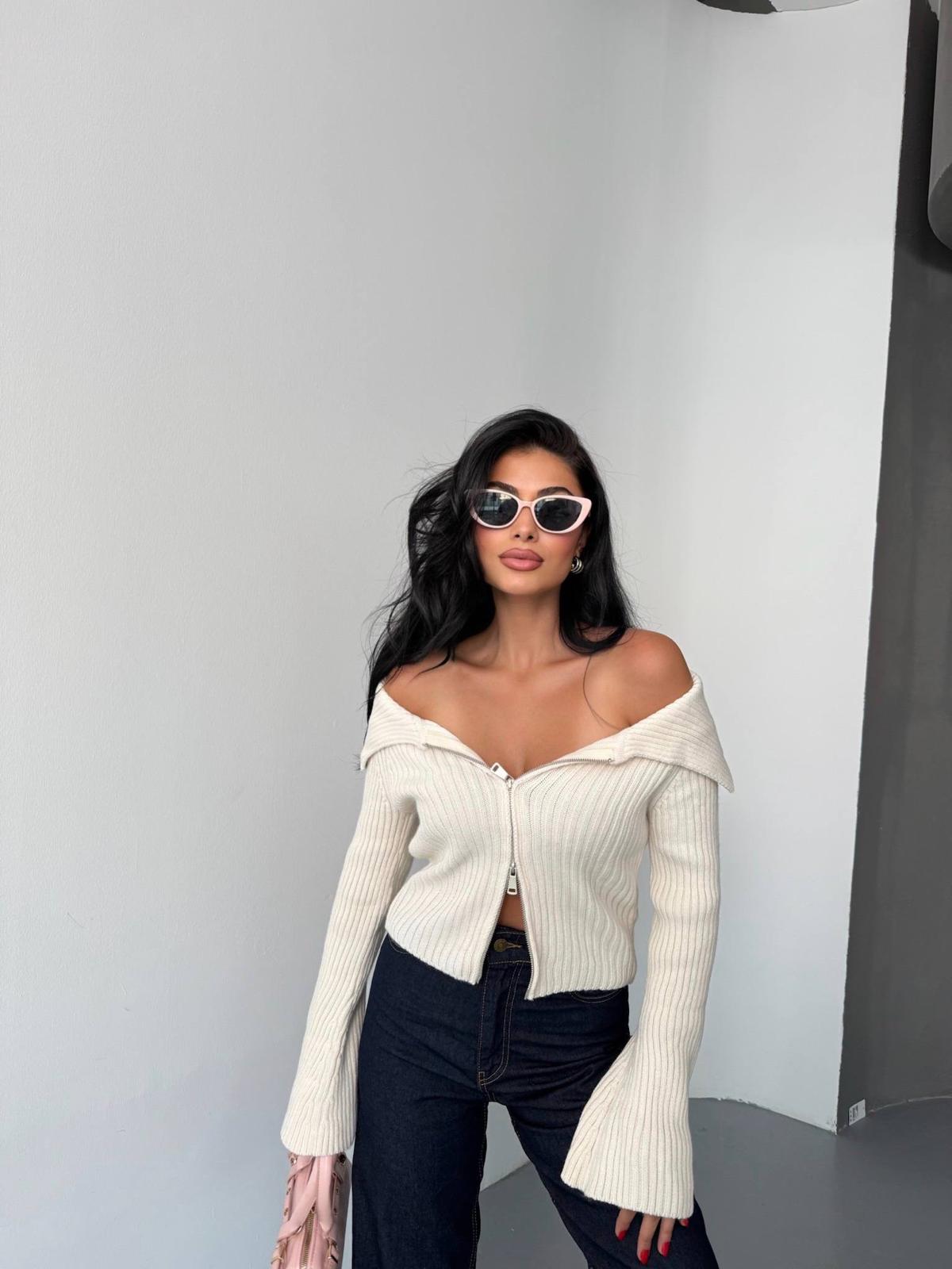 Çift Fermuarlı Akrilik Kazak Ekru